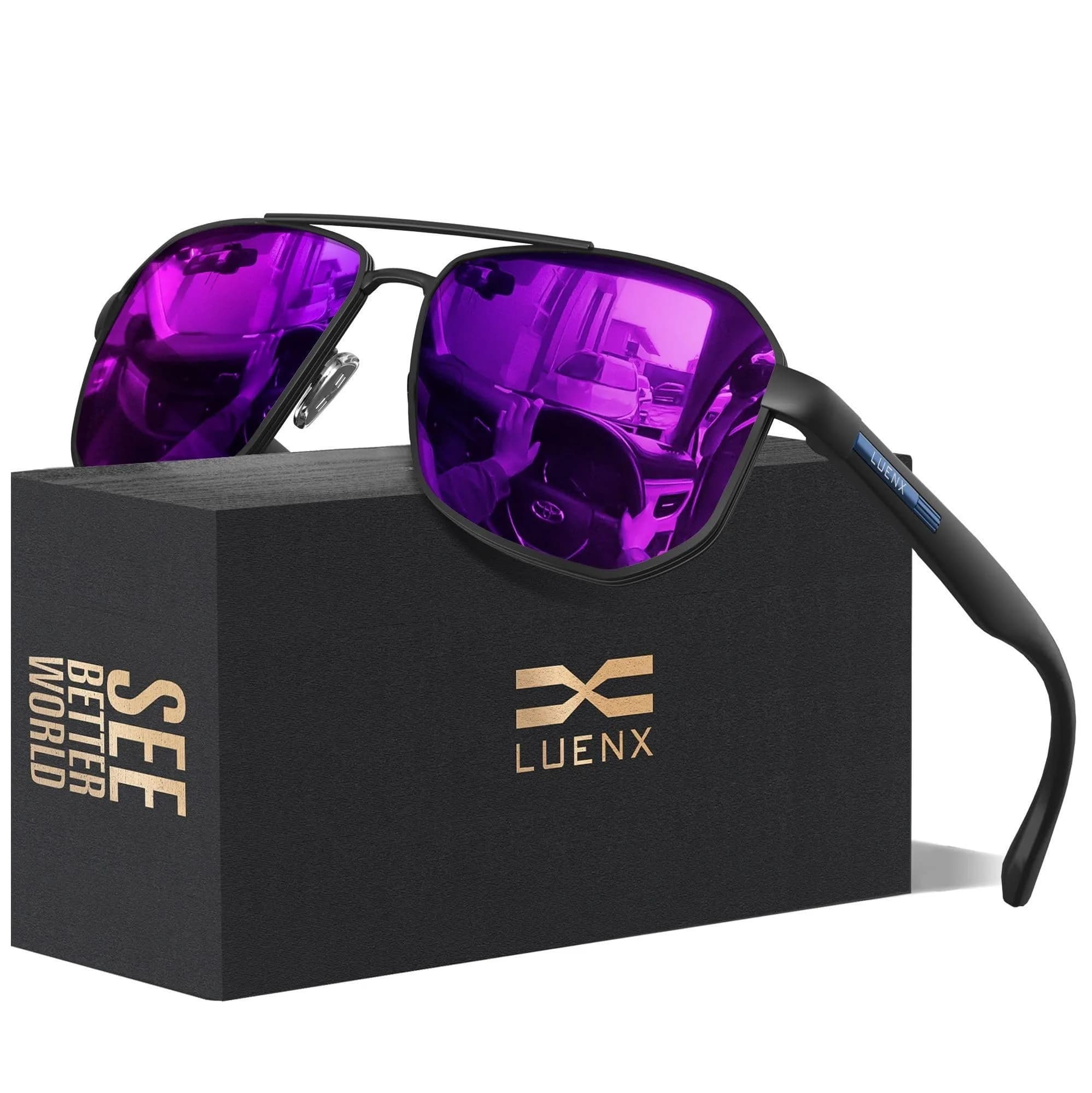 Luenx Aviator Polarized Sunglasses for Men: Square UV400 Driving, 61mm (2.4 inches) Lens Width
