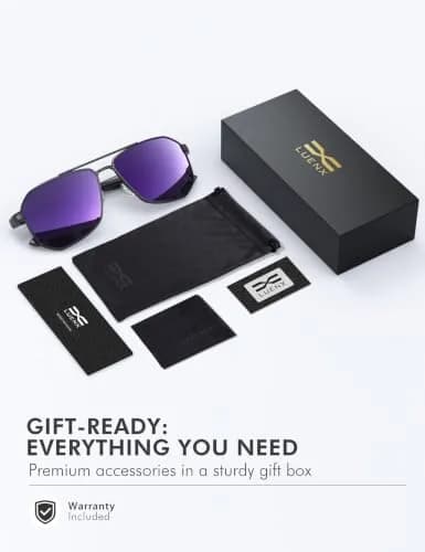 Luenx Aviator Polarized Sunglasses for Men: Square UV400 Driving, 61mm (2.4 inches) Lens Width thumbnail 7