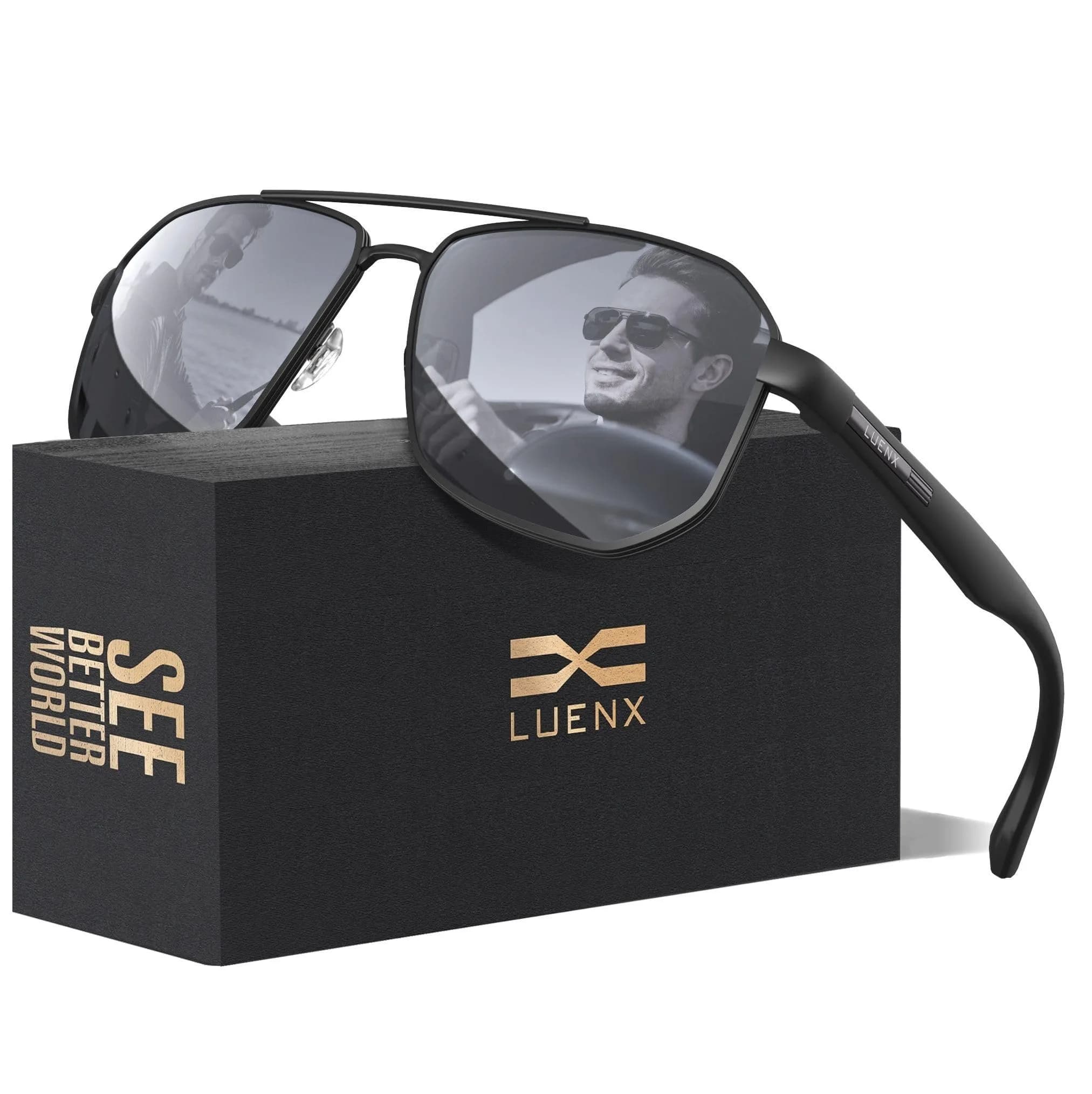 Luenx Aviator Polarized Sunglasses for Men: Square UV400 Driving | High-Protection, Stylish Design