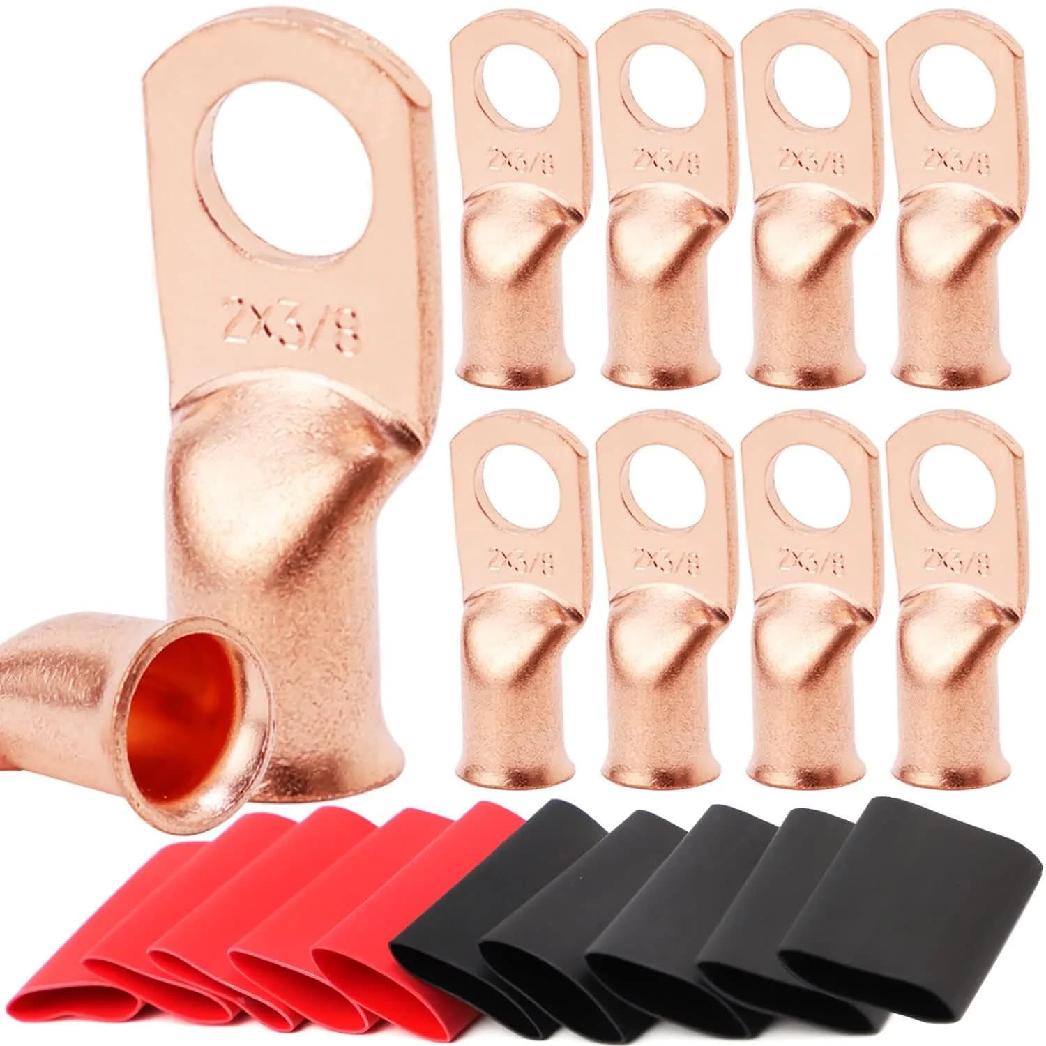 TKDMR 10 PCS 2 AWG - 3/8 Battery Cable Lugs Copper Wire Ring Terminals | Heavy Duty Copper Connectors with Heat Shrink - main product image