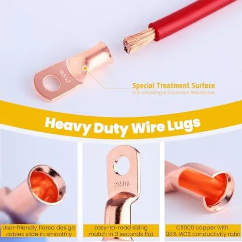TKDMR 10 PCS 2 AWG - 3/8 Battery Cable Lugs Copper Wire Ring Terminals | Heavy Duty Copper Connectors with Heat Shrink thumbnail 3