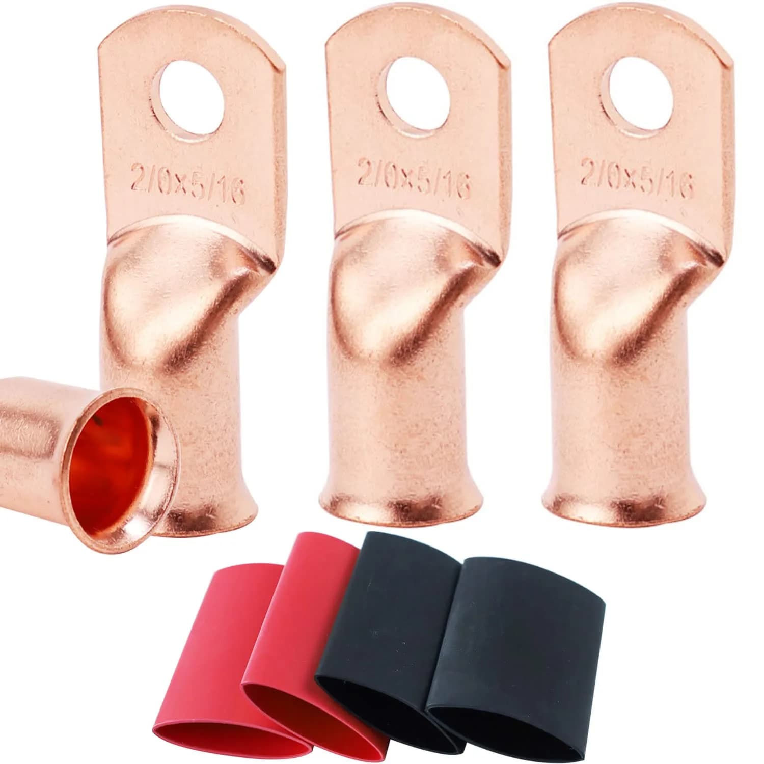 TKDMR 10 PCS 2 AWG - 3/8 Battery Cable Lugs Copper Wire Ring Terminals | Heavy Duty Copper Connectors with Heat Shrink — Copper