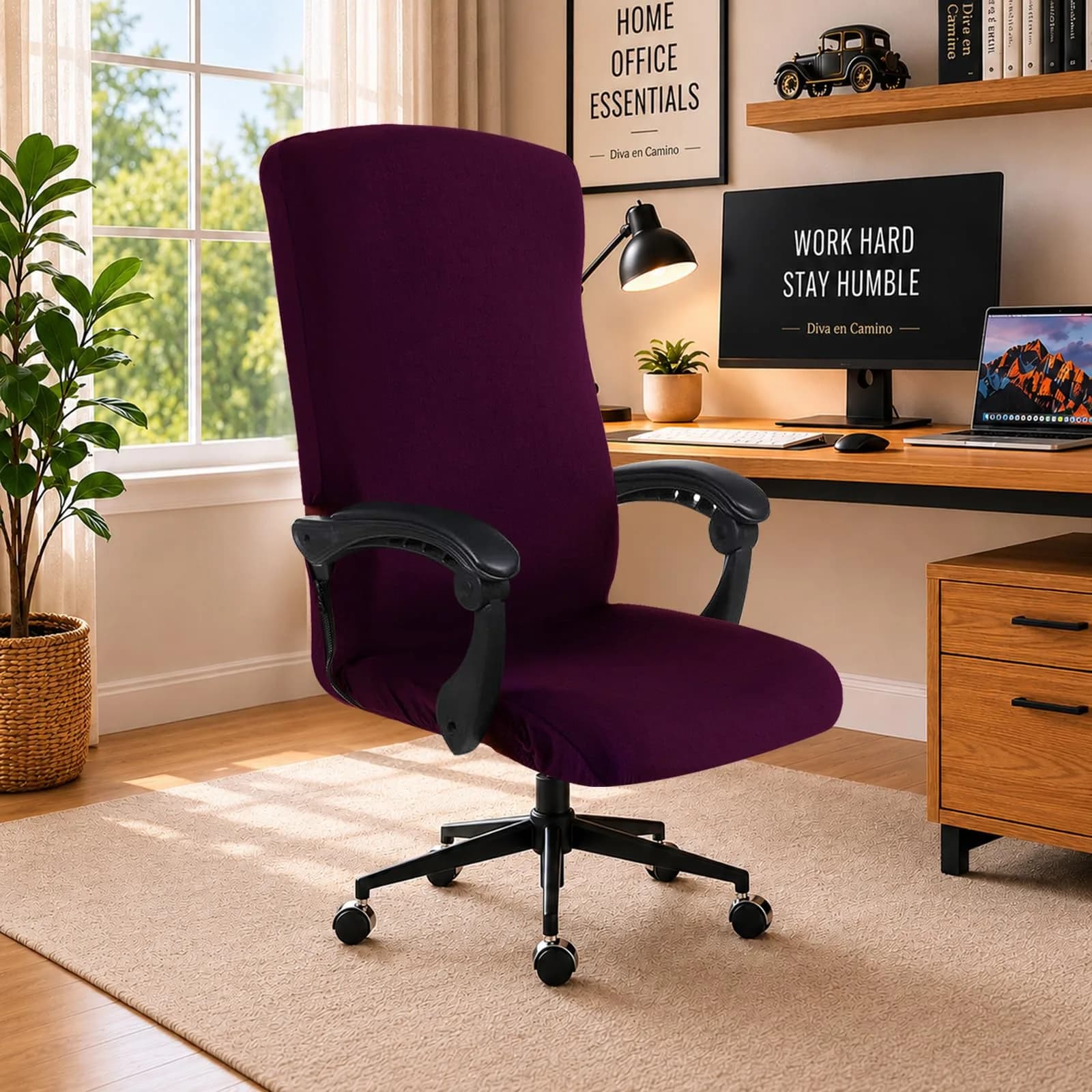 DIVA EN CAMINO DEC Stretchable Office Chair Seat Cover | Washable, Pink, Universal Fit — Plum / Large Chair Cover