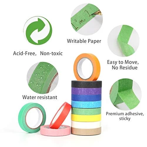 Baijixin Colored Masking Tape 12mm x 10m (12 Rolls, 396 ft Total) | Biodegradable Crepe Paper Tape for DIY & Organization thumbnail 4