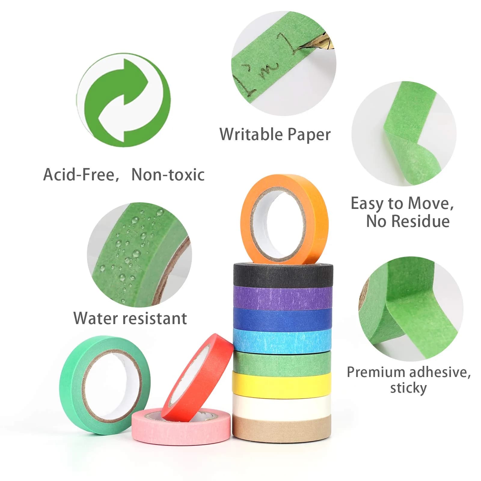 Baijixin Colored Masking Tape 12mm x 10m (12 Rolls, 396 ft Total) | Biodegradable Crepe Paper Tape for DIY & Organization - view 4