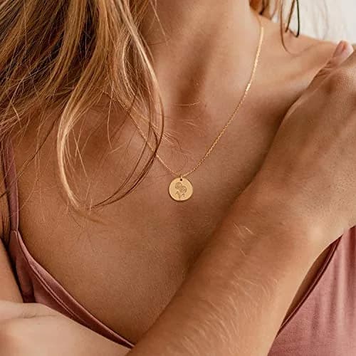 MEVECCO March Cherry Blossom Birth Flower Disc Necklace for Women | Adjustable 18-20" Gold Plated Floral Pendant thumbnail 3