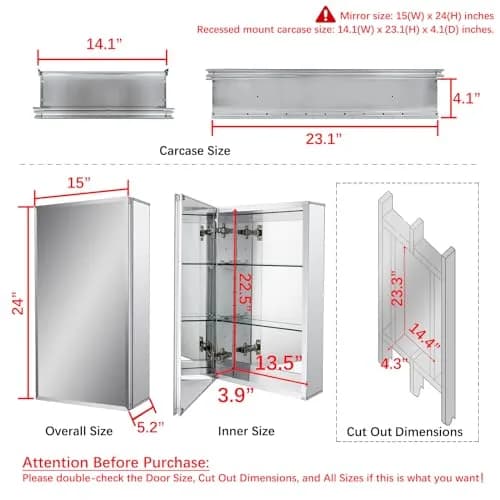 Fundin 15 x 24 Recessed Medicine Cabinet with 2 Adjustable Tempered Glass Shelves | Aluminum Bathroom Storage thumbnail 3