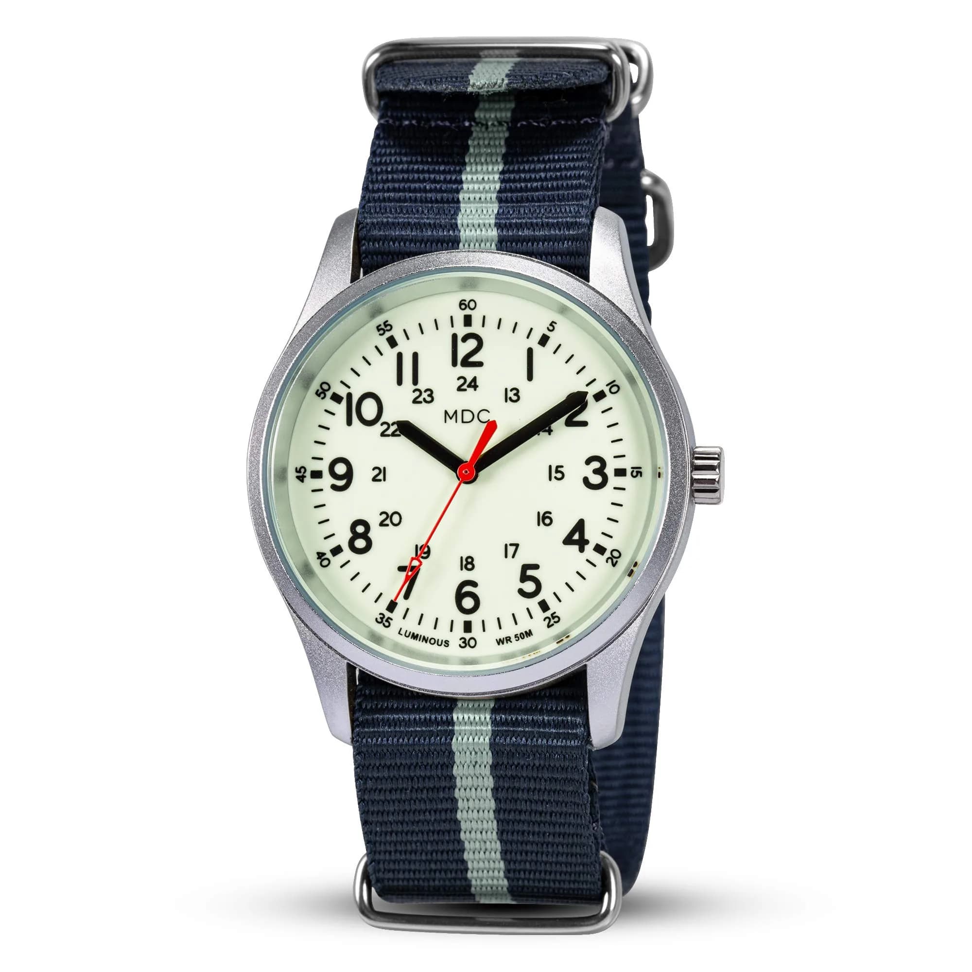 Infantry Men's Military Field Watch 38mm (1.5 inch) | Glow Dial, Nylon Strap, 5ATM Waterproof — Silver/Blue