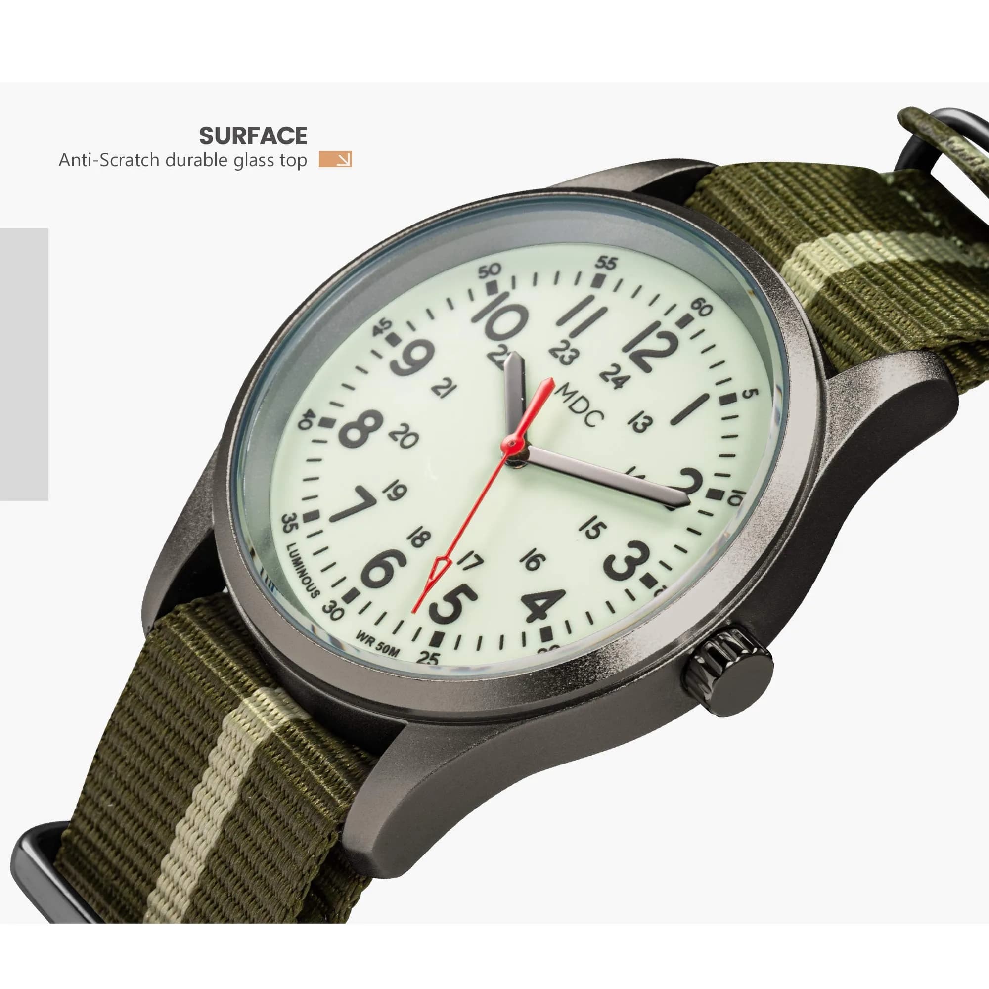 Infantry Military Field Watch 38mm (1.5 inch) | Luminous Dial, Green Nylon Strap, 50M Water Resistant - view 5