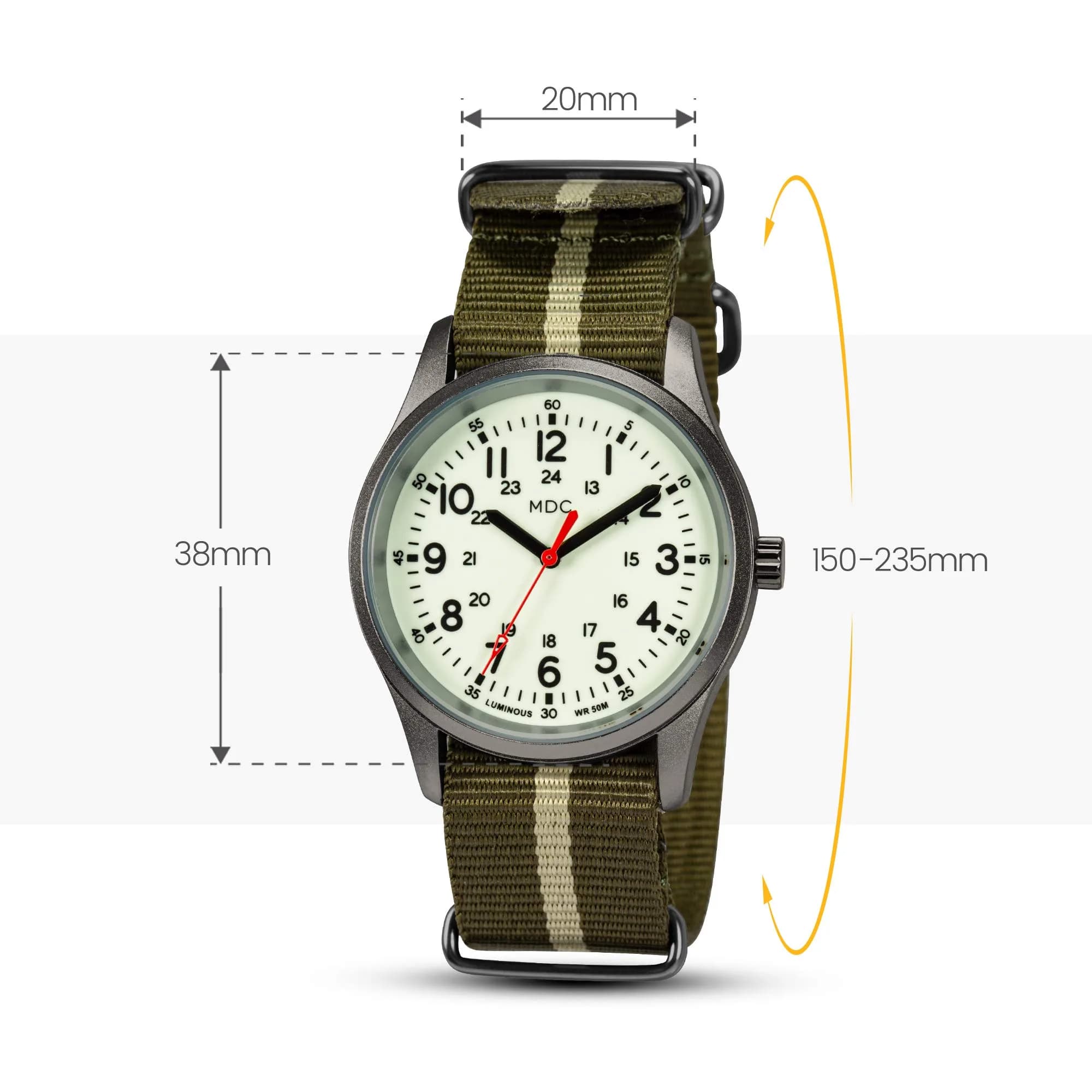 Infantry Military Field Watch 38mm (1.5 inch) | Luminous Dial, Green Nylon Strap, 50M Water Resistant - view 6