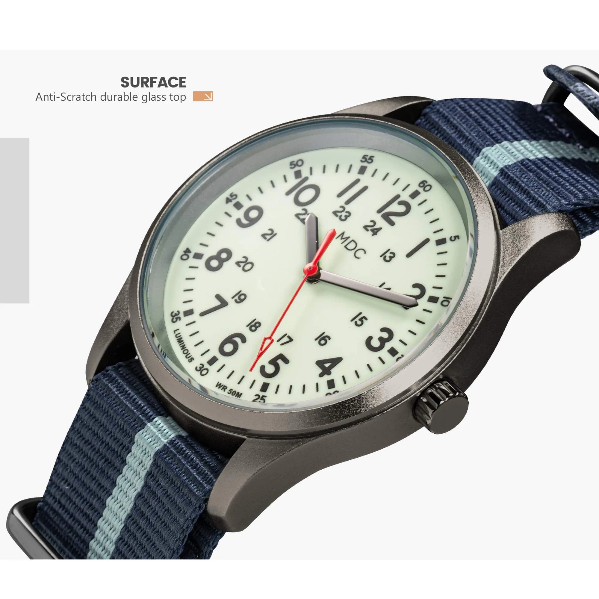 Infantry Military Field Watch 38mm (1.5 inch) | Luminous Dial, Blue Nylon Strap - view 5