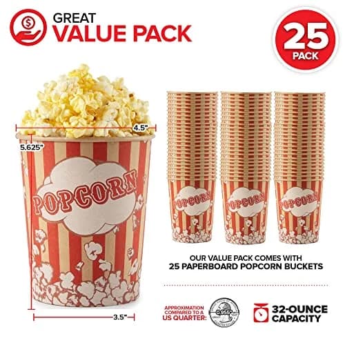 Stock Your Home 32 Oz Kraft Popcorn Buckets (25 Count) | Vintage Style Greaseproof Disposable Containers thumbnail 2
