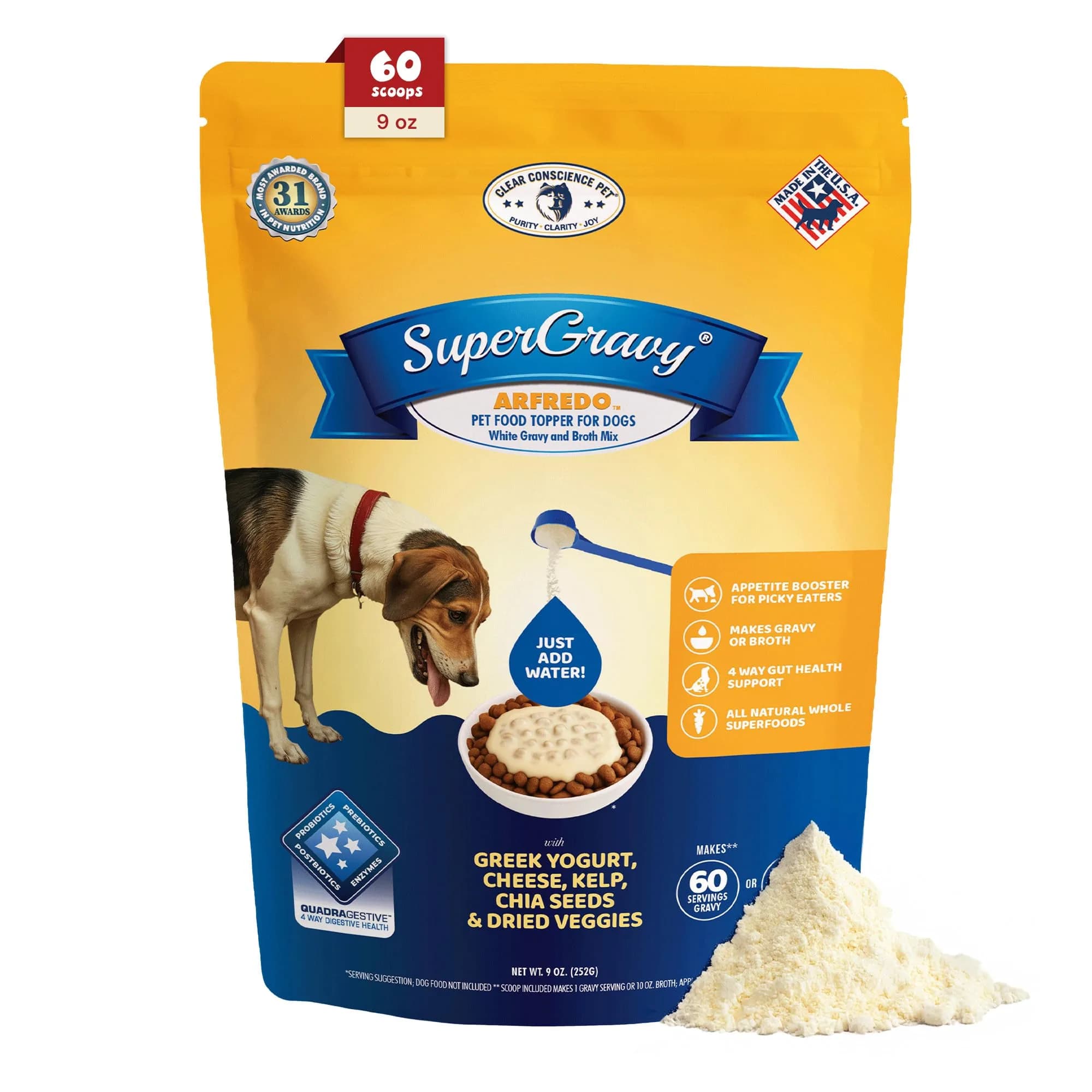 CLEAR CONSCIENCE PET® Arfredo SuperGravy Dog Food Topper Hydration Broth Mix Greek Yogurt Cheese Blend 9 oz. | All Life Stage