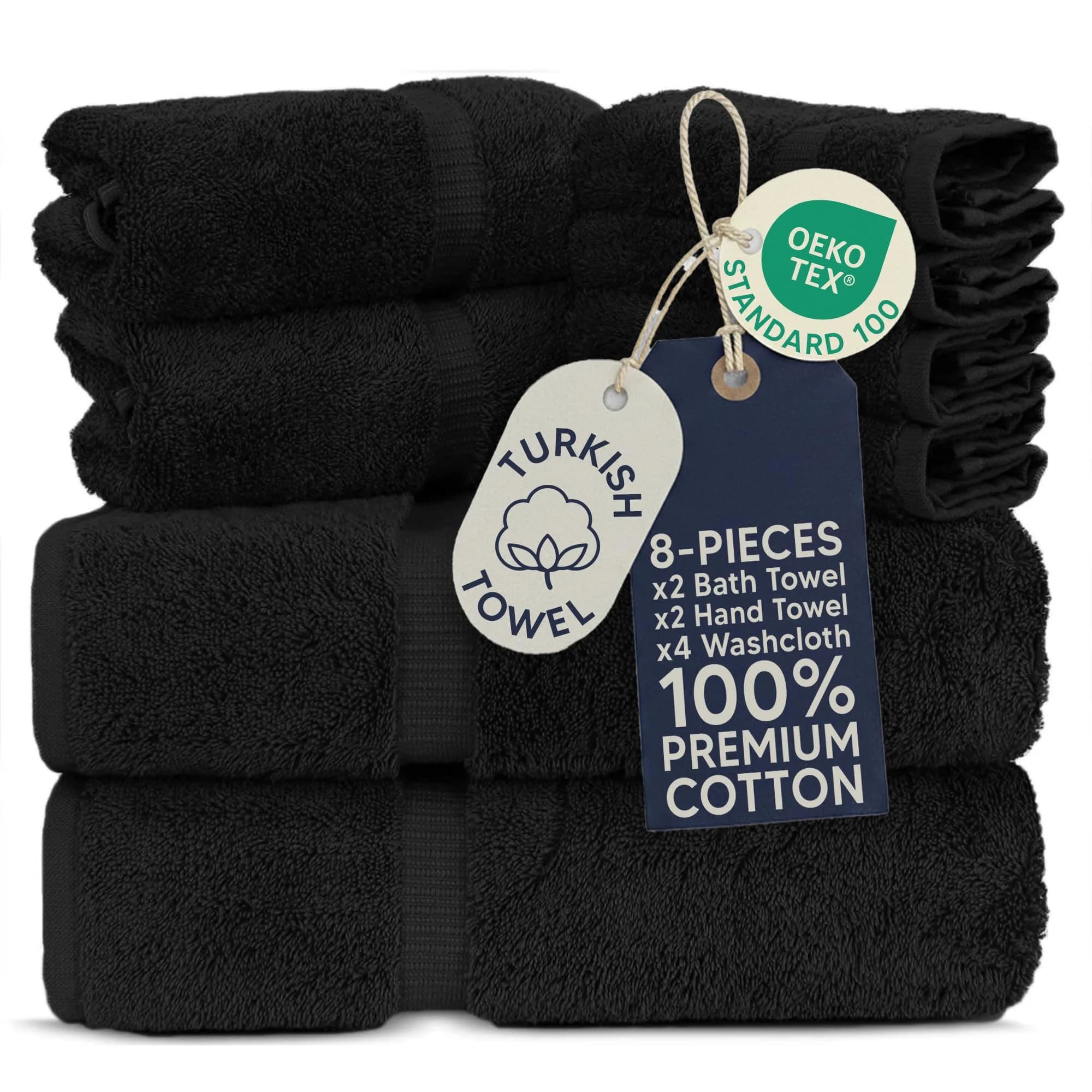 Towel Bazaar 8-Piece Turkish Cotton Towel Set, Black | Premium Quality Long-Staple Fibre, Natural Dyes, Machine Washable - main product image