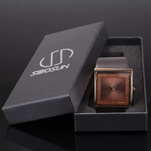 SIBOSUN Men's Square Dial Quartz Analog Watch | 41mm Stainless Steel Case, Brown Dial, Black Leather Strap thumbnail 7