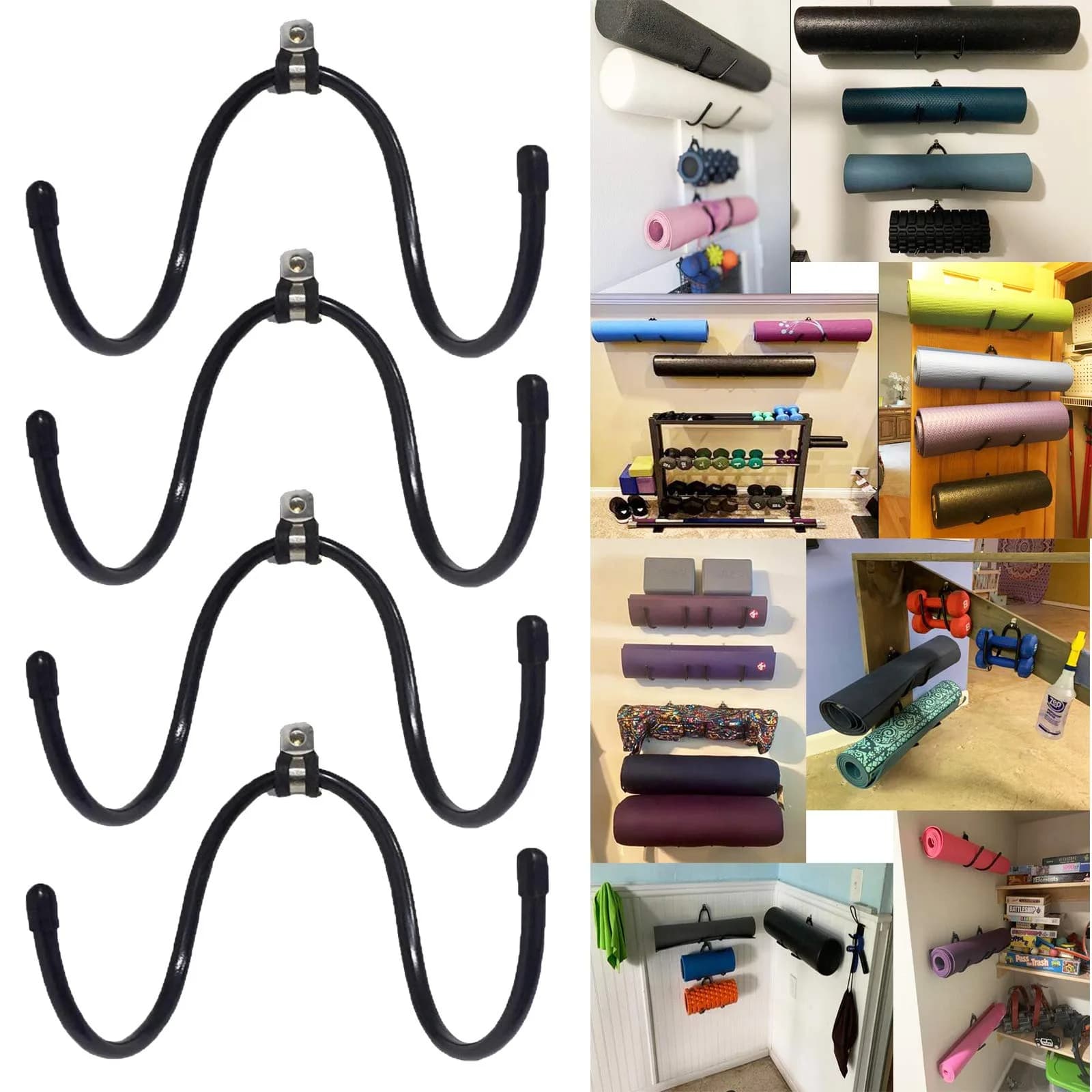 Pmsanzay Adjustable Yoga Mat Foam Roller Wall Rack Holder - 4/PK - Black - 9.07 kg Capacity - main product image