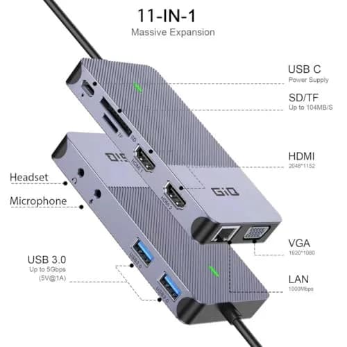 Giq USB 3.0 Docking Station Dual Monitor | 11-in-1 Multiport Hub for Laptop thumbnail 2