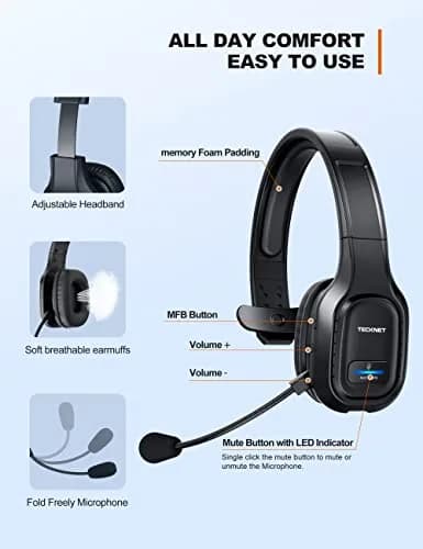 TECKNET Trucker Bluetooth Headset with AI Noise Canceling Mic, 32 Hrs Playtime | USB Dongle Included thumbnail 4