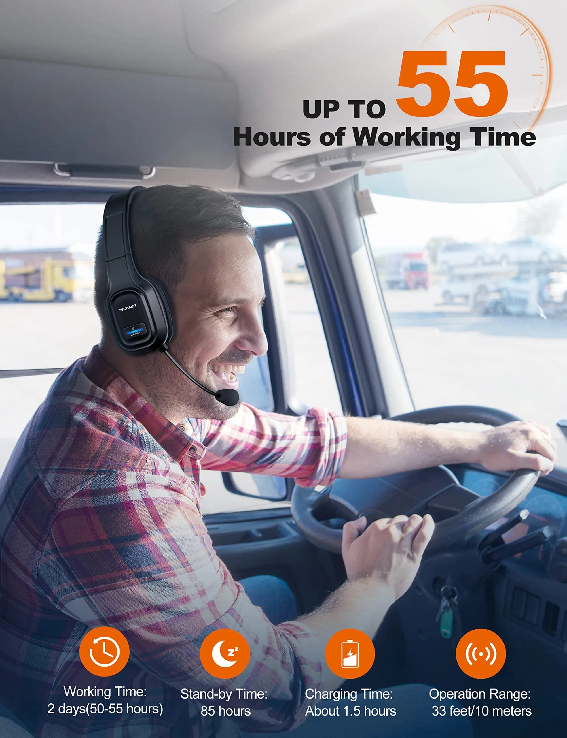 TECKNET Trucker Bluetooth Headset with AI Noise Canceling Mic, 32 Hrs Playtime | USB Dongle Included - view 6