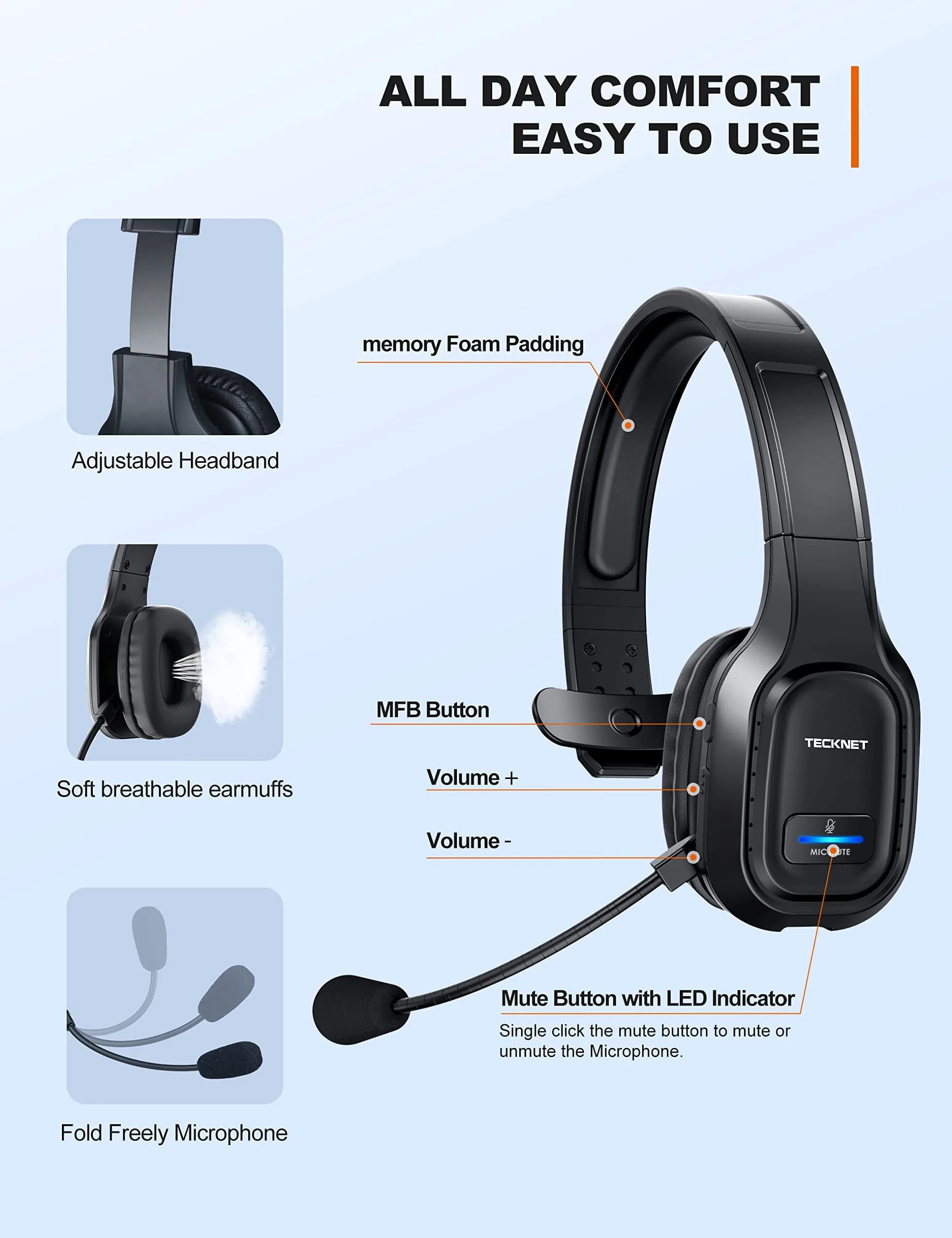 TECKNET Trucker Bluetooth Headset with AI Noise Canceling Mic, 32 Hrs Playtime | USB Dongle Included - view 4