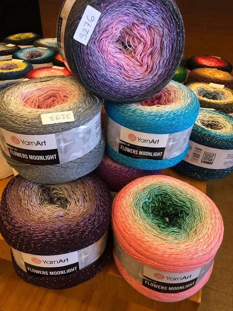 YarnArt Flowers Moonlight Gradient Cotton Acrylic Yarn with Metallic Lurex, 250g (8.82 oz) | 1000m (1094 yds) Shiny Multicolor Cake Yarn for Crochet & Knitting — 3279