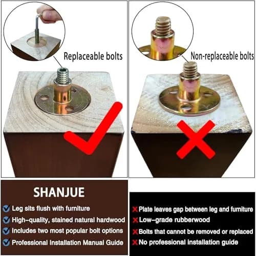 SHANJUE 8 Inch Wood Couch Legs 1500lbs Heavy Duty Square Furniture Feet | Supports Heavy Furniture & Robot Vacuum Clearance thumbnail 6