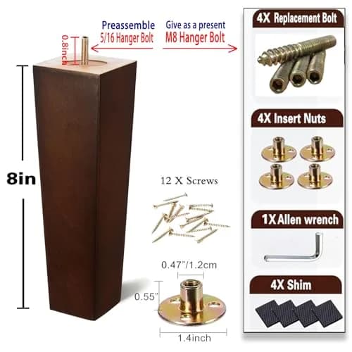 SHANJUE 8 Inch Wood Couch Legs 1500lbs Heavy Duty Square Furniture Feet | Supports Heavy Furniture & Robot Vacuum Clearance thumbnail 7