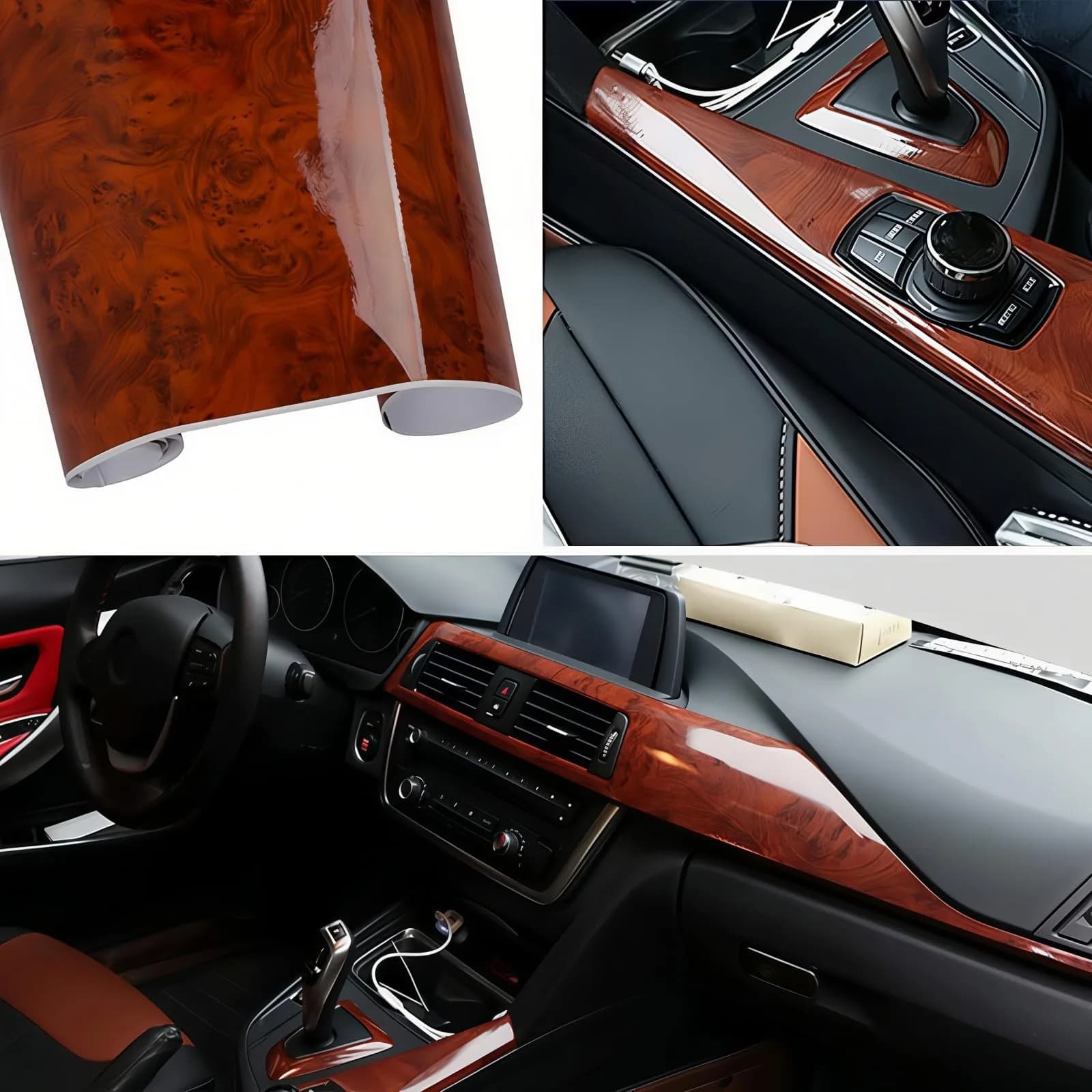GreceYou High Glossy Wood Grain Vinyl Wrap Sticker 100x40cm | Waterproof Car Interior & Exterior Wrap — Brown