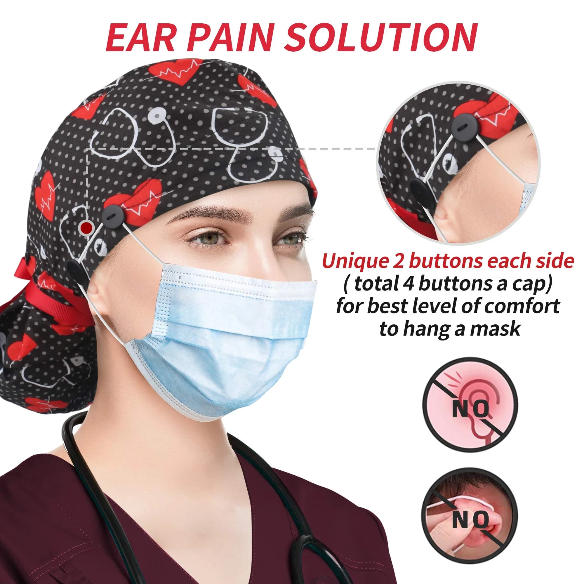 ABAMERICA Scrub Caps for Women Surgical Caps Nurse Hat Functional Ponytail Holder for Long Hair Single or Satin-Lined | Breathable, Adjustable Fit thumbnail 2