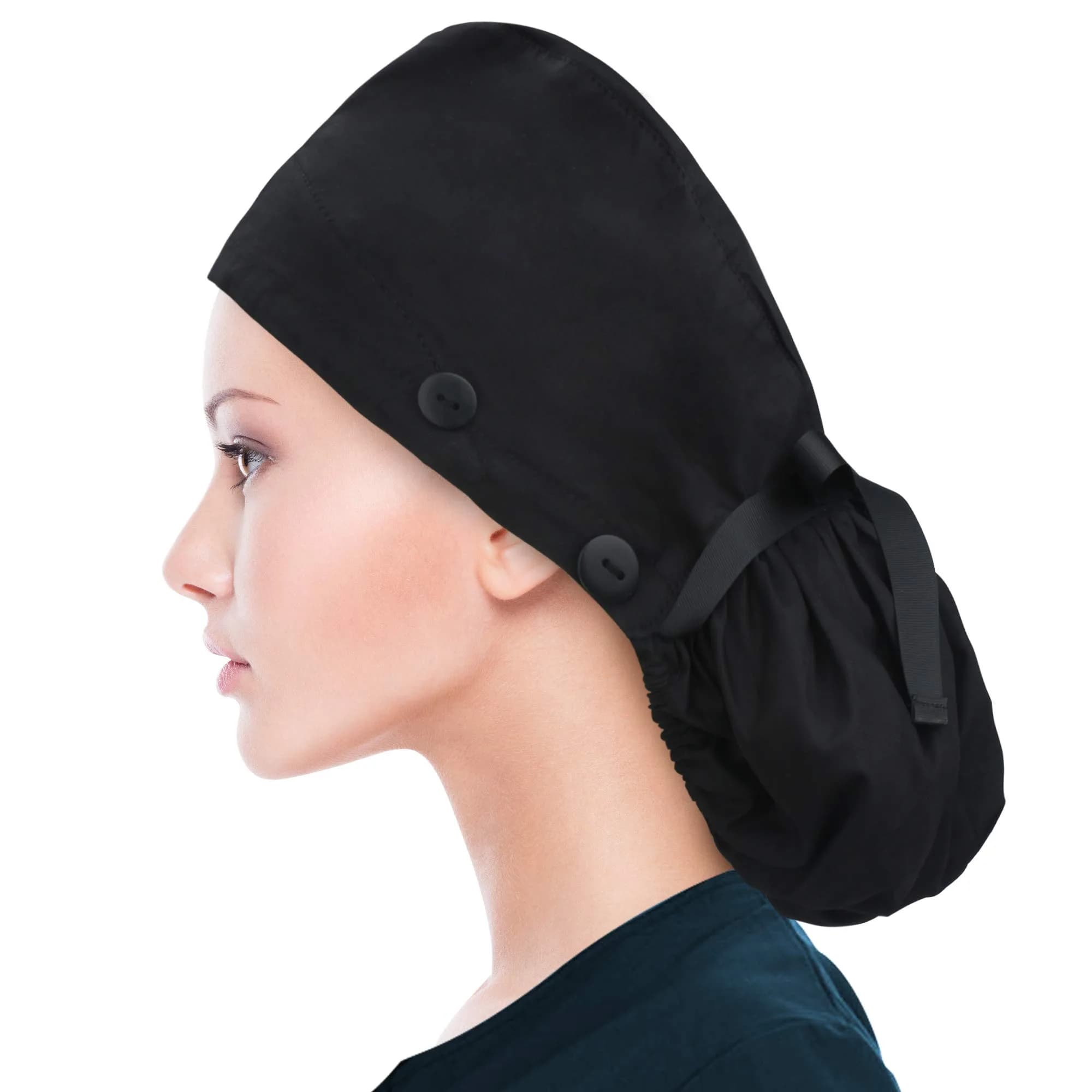 ABAMERICA Scrub Caps for Women Surgical Caps Nurse Hat with Ponytail Holder, Satin-Lined, Breathable Polyester, Adjustable Fit — D07- Single Black
