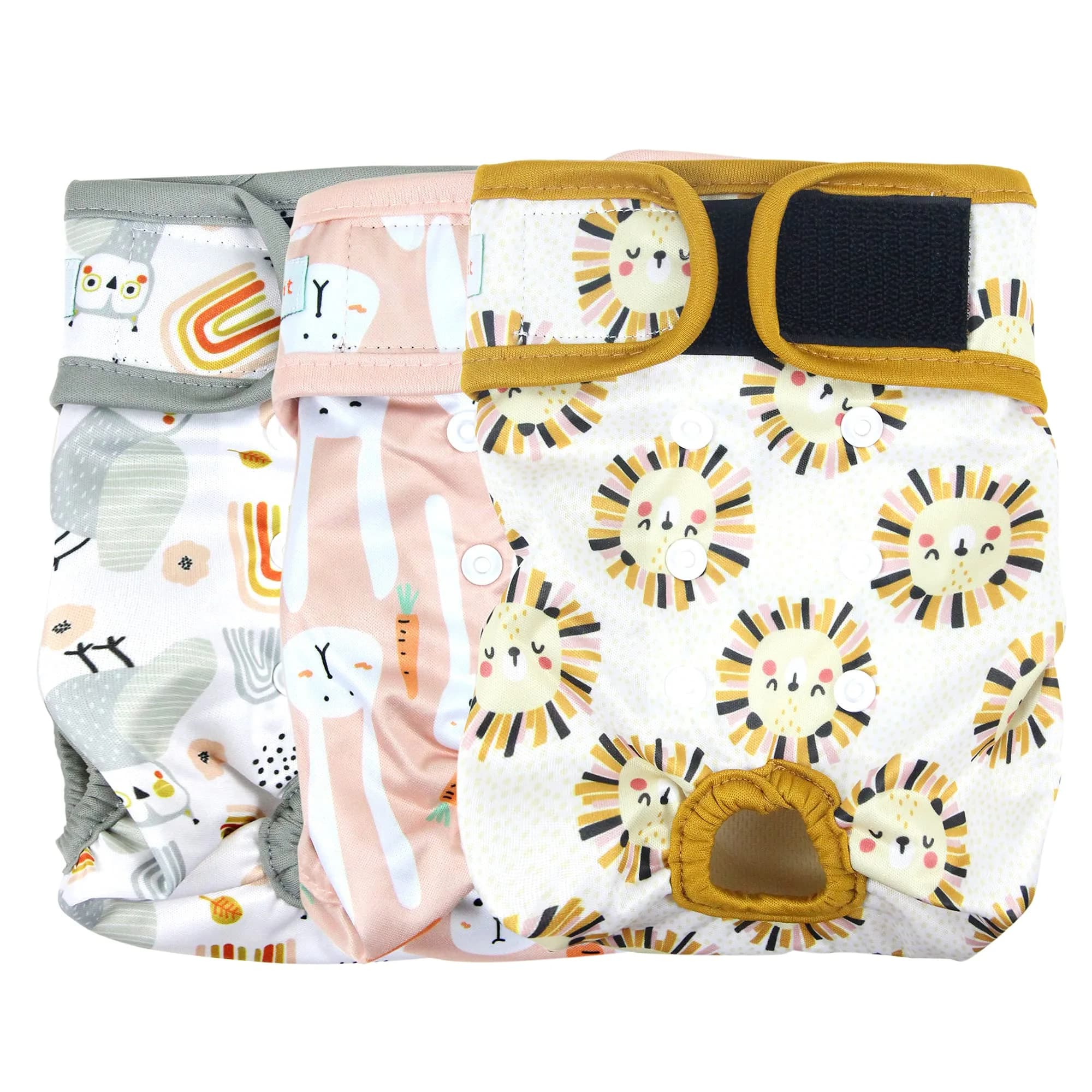 Langsprit Washable Female Dog Diapers (3 Pack) - Highly Absorbent, Adjustable, Leak-Free, Machine Washable, Small Medium Large, Doggie Reusable Diapers — Rabbit, Owl, Lion