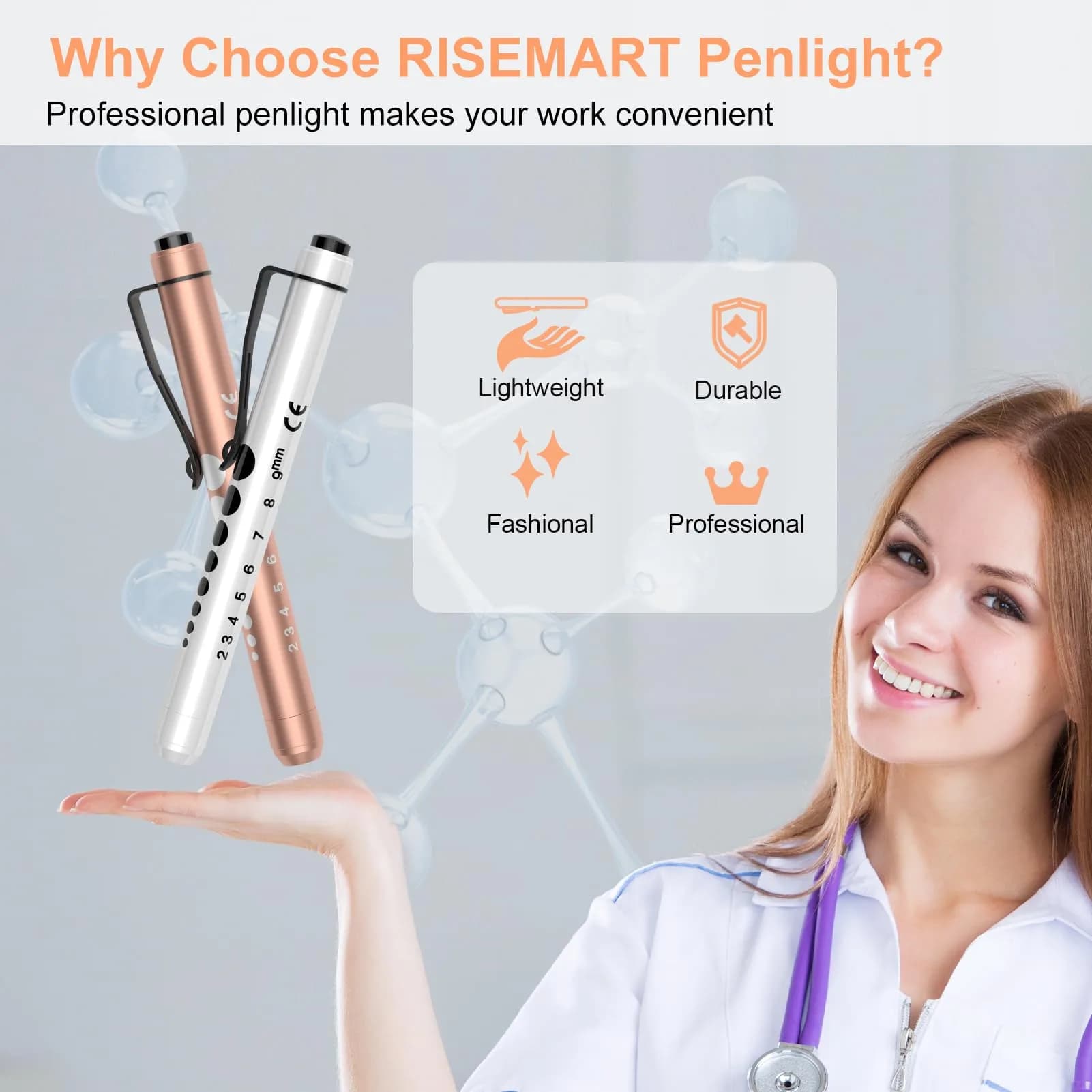 RISEMART LED Pen Lights for Nurses, 2-Pack White Light 12.8cm (5.03in) | Medical Penlight with Pupil Gauge & Ruler - view 6