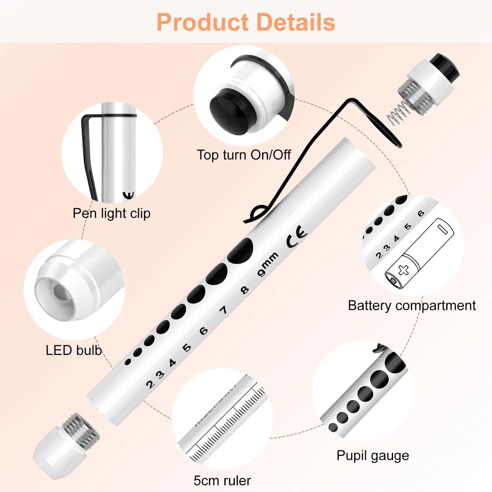 RISEMART LED Pen Lights for Nurses, 2-Pack White Light 12.8cm (5.03in) | Medical Penlight with Pupil Gauge & Ruler - view 3