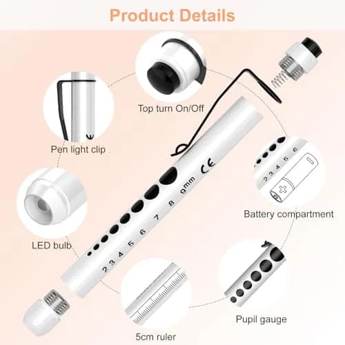 RISEMART LED Pen Lights for Nurses, 2-Pack White Light 12.8cm (5.03in) | Medical Penlight with Pupil Gauge & Ruler thumbnail 3