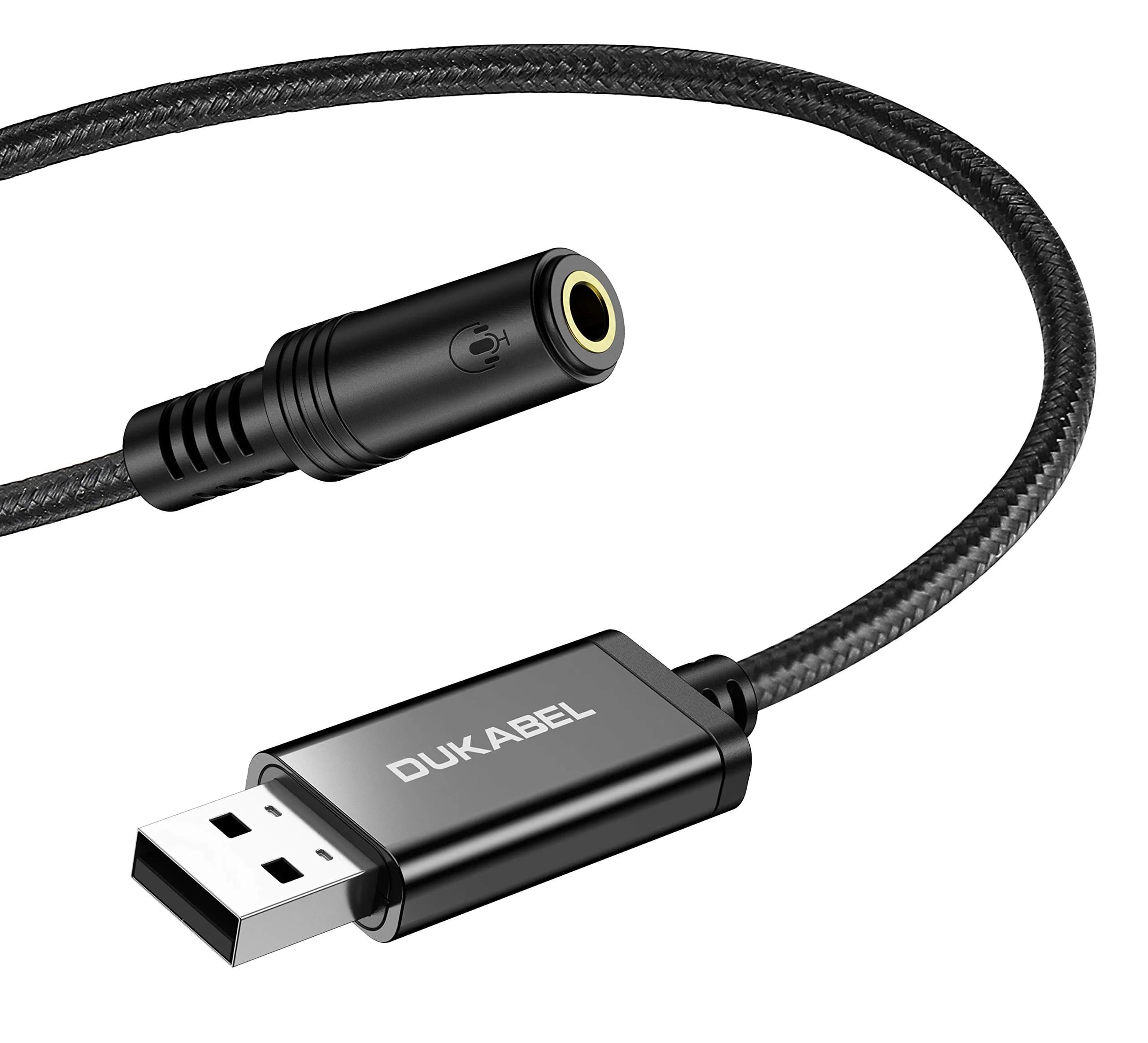 DUKABEL USB Headphone Adapter, External Sound Card for PC, PS4, PS5 | 94 inch / 240 cm | Dual Audio & Microphone — 19 inch / 50 cm