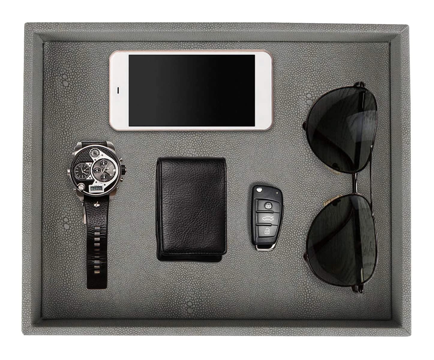 HofferRuffer Decorative Desktop Organizer Tray, Dark Grey Faux Leather Shagreen, 25.9cm x 21.3cm x 4.6cm (10.2" x 8.4" x 1.8") | Multipurpose Organizer for Home & Office - main product image