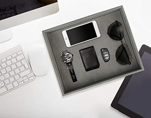 HofferRuffer Decorative Desktop Organizer Tray, Dark Grey Faux Leather Shagreen, 25.9cm x 21.3cm x 4.6cm (10.2" x 8.4" x 1.8") | Multipurpose Organizer for Home & Office thumbnail 5