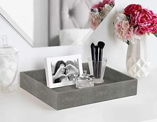 HofferRuffer Decorative Desktop Organizer Tray, Dark Grey Faux Leather Shagreen, 25.9cm x 21.3cm x 4.6cm (10.2" x 8.4" x 1.8") | Multipurpose Organizer for Home & Office thumbnail 3