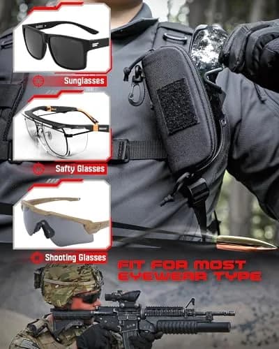 WYNEX Tactical Molle Glasses Pouch with Carabiner Clip & Patch Panel, Shockproof Eyeglass Case for Sunglasses & Goggles (Black, 16.5cm x 7cm x 6cm) thumbnail 2