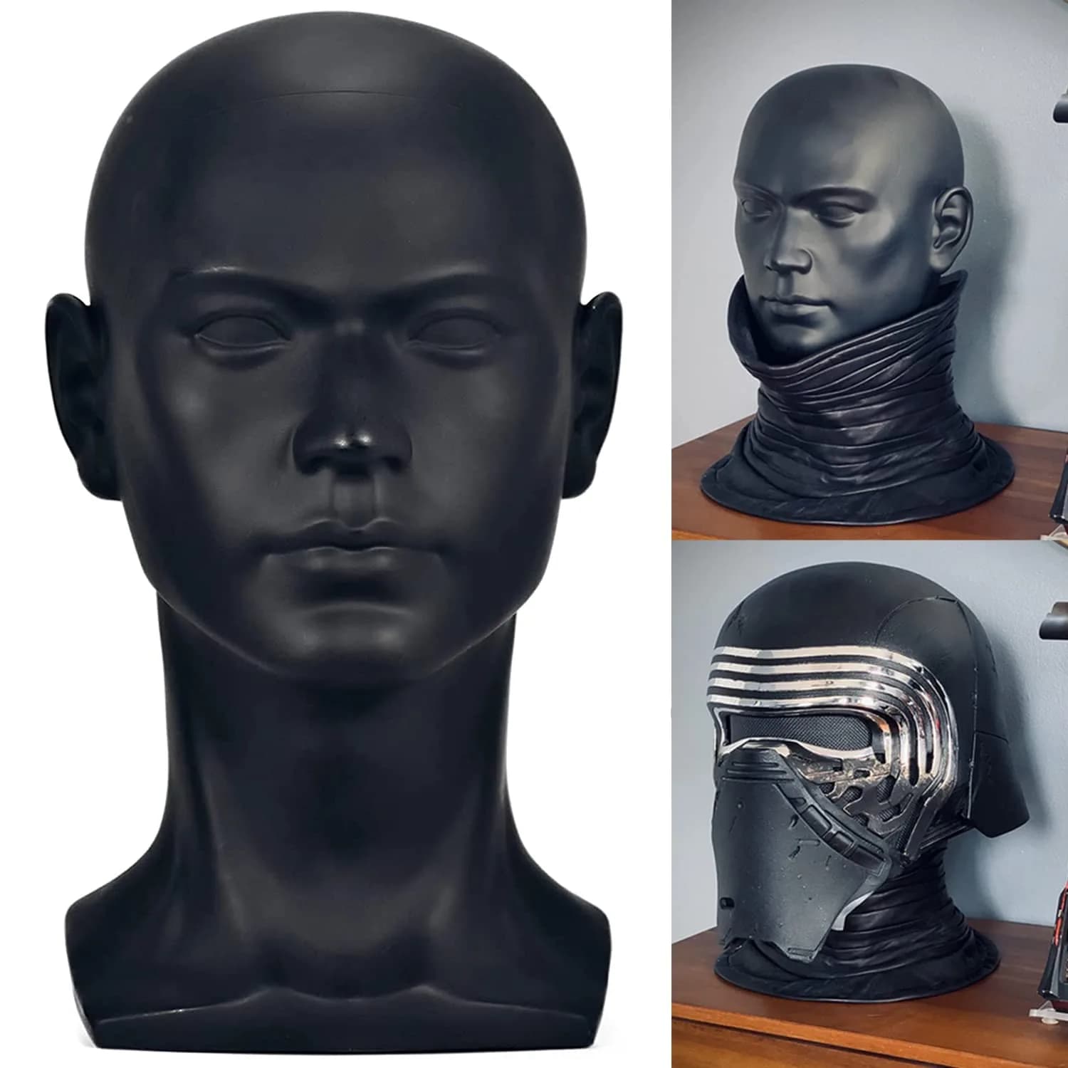 FanLin Male Mannequin Head for Display, 30cm Height, Matte-Black PVC, Professional Wig & Hat Stand — Matte-Black