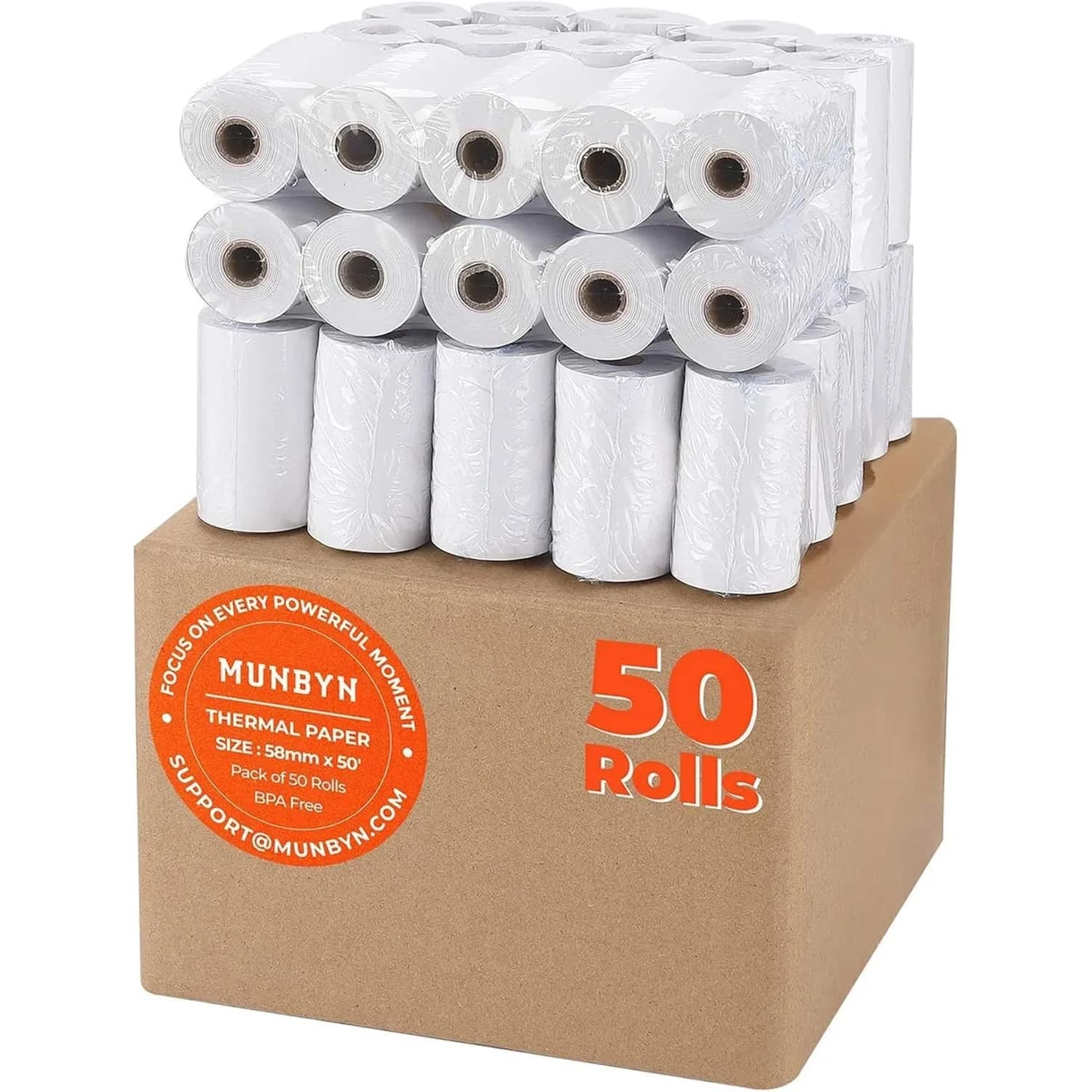 MUNBYN Thermal Receipt Paper Rolls 58mm x 50ft (20 Rolls, White) | BPA/BPS Free, Smooth Print, Fits Most POS Printers — 2 1/4" x 50' / 50 Rolls