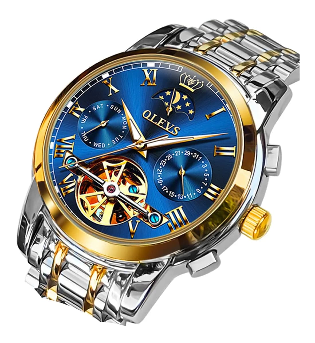 OLEVS Automatic Mechanical Skeleton Moon Phase Dress Watch 41mm (1.61 in) Silver Stainless Steel — Men Luxury Watch:Blue Face