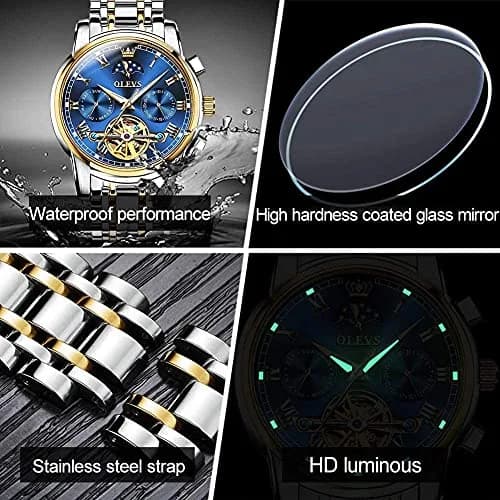 OLEVS Automatic Mechanical Skeleton Moon Phase Dress Watch 41mm (1.61 inches) | Luxury Men's Wristwatch with Blue Dial & Stainless Steel Band thumbnail 6