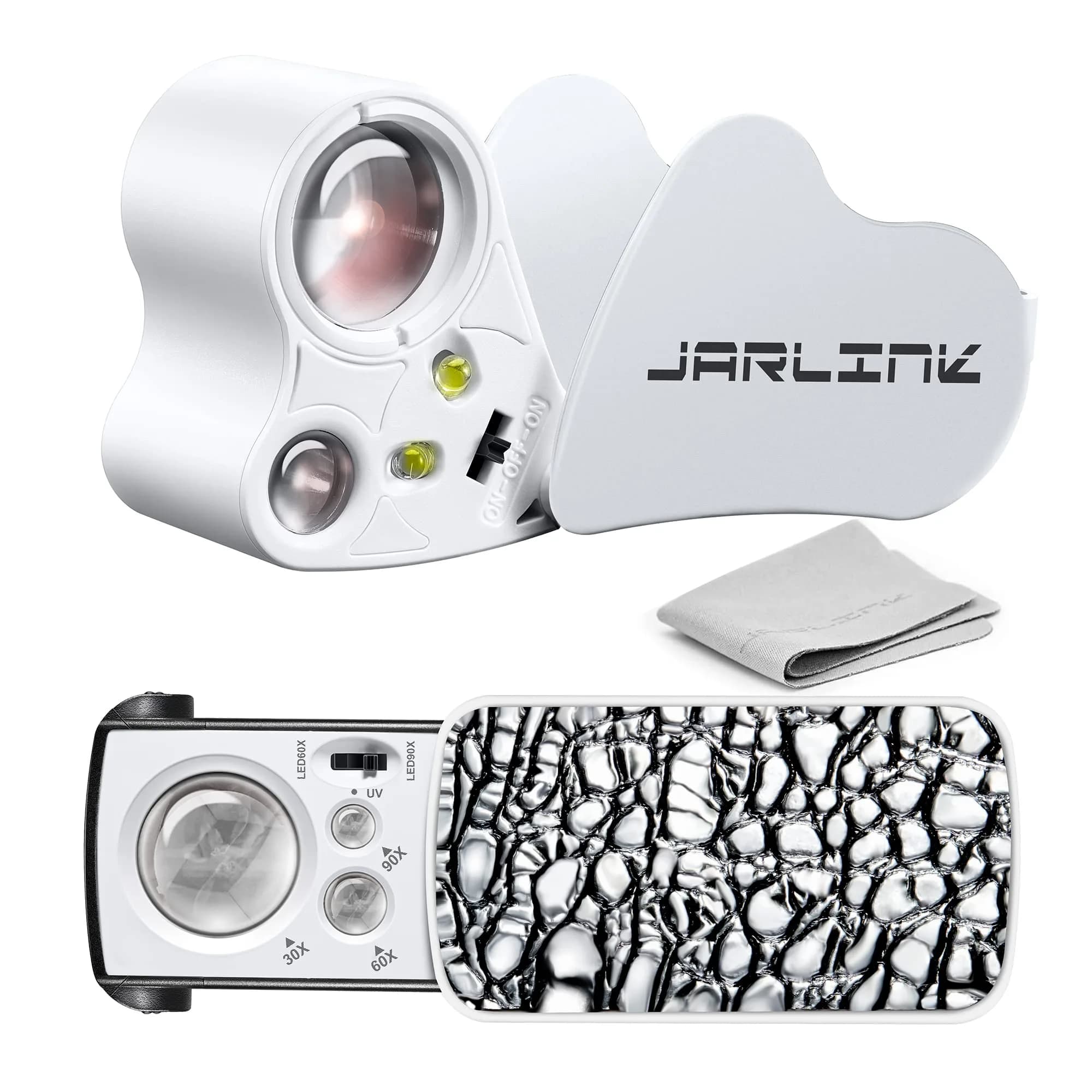 JARLINK 2 Pack Illuminated Jewelers Loupe Set | 30X 60X 90X Magnifications with LED & UV Light