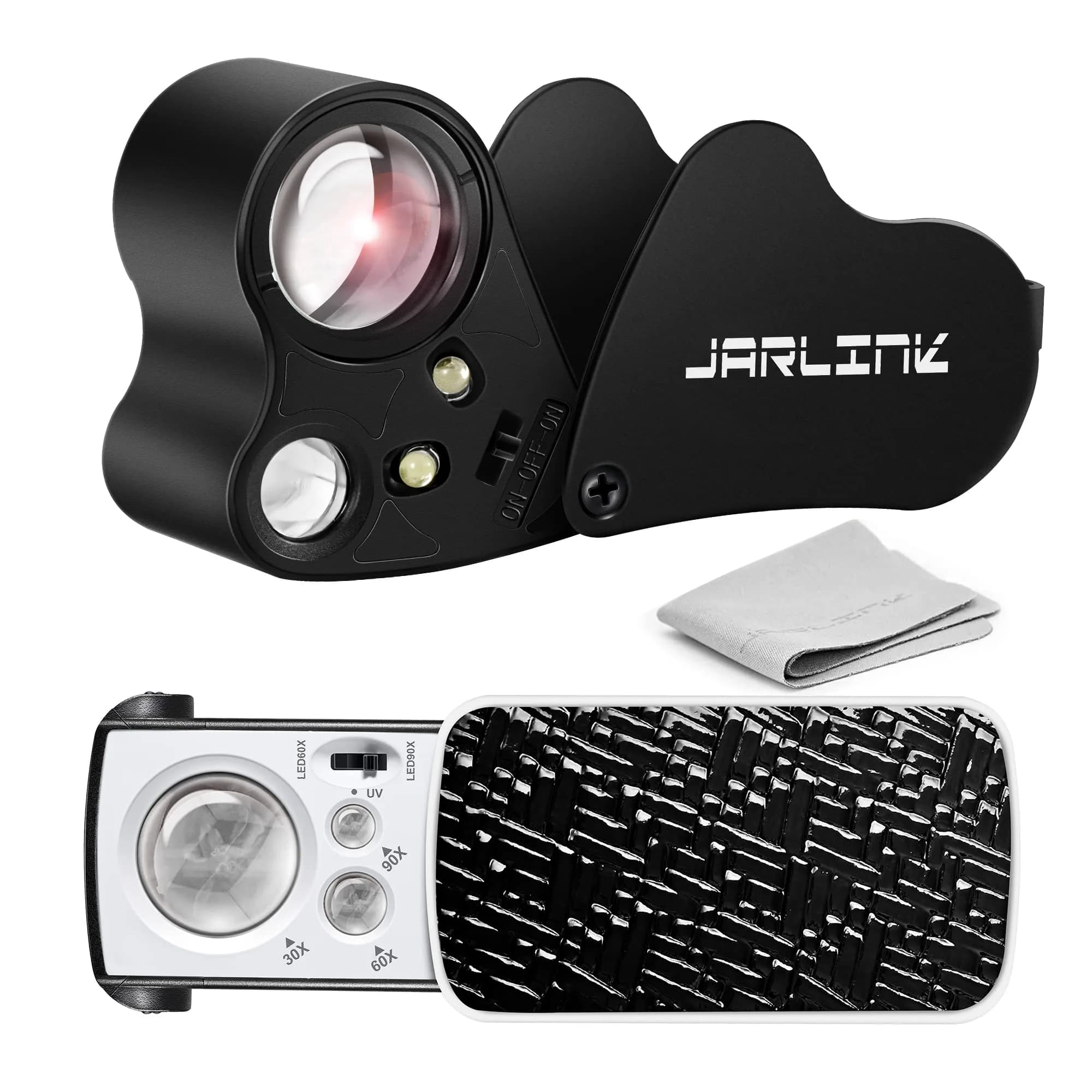 JARLINK Illuminated Jewelers Loupe Set 30X 60X 90X Magnifications | 2-Pack with LED & UV Light — Black