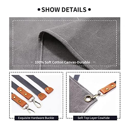 ZOMAO Apron for Men Women | Cross-Back Cotton Canvas with Pockets (Grey) thumbnail 4