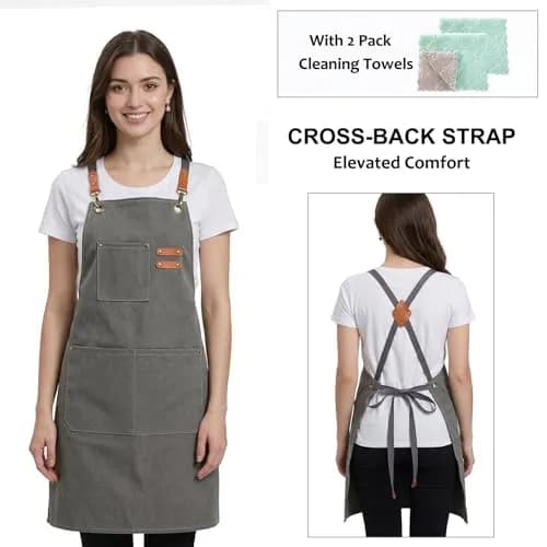 ZOMAO Apron for Men Women | Cross-Back Cotton Canvas with Pockets (Grey) thumbnail 3
