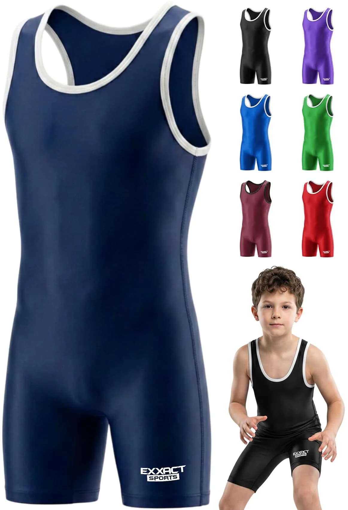 Exxact Sports Youth Wrestling Singlet for Boys (Navy, YL) | Lightweight Compression Fit for Training & Competition