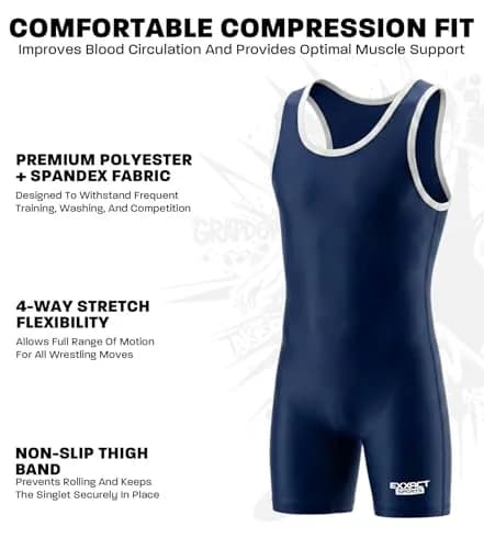 Exxact Sports Youth Wrestling Singlet for Boys (Navy, YL) | Lightweight Compression Fit for Training & Competition thumbnail 2