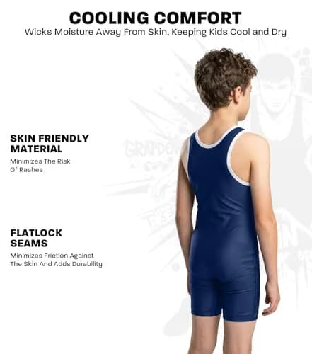 Exxact Sports Youth Wrestling Singlet for Boys (Navy, YL) | Lightweight Compression Fit for Training & Competition thumbnail 3